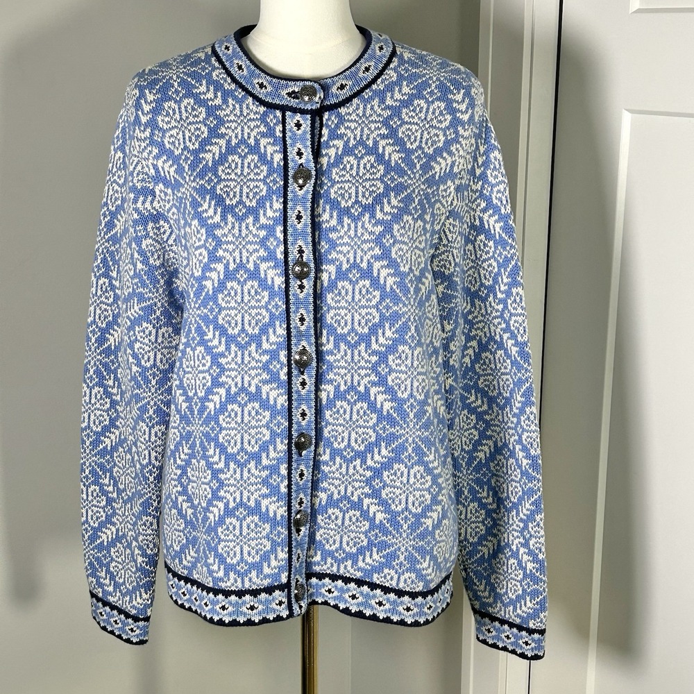 Vintage L.L.Bean Nordic Fair Isle Cardigan Sweater Women's M Cotton Blue